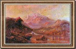 Western Landscape: Mountain, River, Wagons on Plain